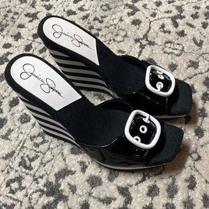 Jessica Simpson Black and White Stripped Wedges